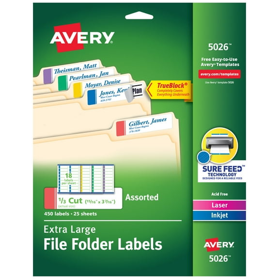 Avery TrueBlock Extra Large File Folder Labels, Assorted (5026)