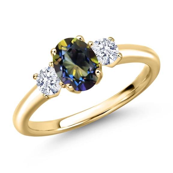 Gem Stone King 10K Yellow Gold Blue Mystic Topaz and White Zirconia Engagement Ring for Women | 1.60 Cttw | Oval 7X5MM | Gemstone November Birthstone | Size 5