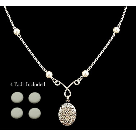 - Aromatherapy Essential Oil Diffuser Necklace Locket Pendant, Silver Filigree Locket, 18 Inch Silver Chain with White Swarovski Pearls, 4 Replacement Pads Included, Picture Locket Fashion Necklace