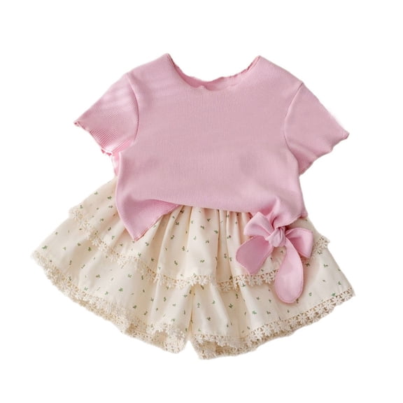 Outfits for Girls 2 Piece Loose Fit Solid Print Crew Neck Short Sleeve Bowknot Breathable T-Shirt And Ruffle Shorts Daily Wear Girls' Clothing Sets 2 Years-3 Years