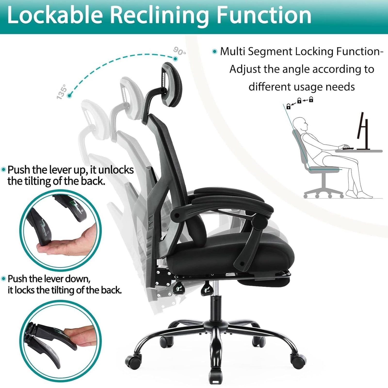 Casabay Ergonomic Home Office Desk Chair, High Back Mesh Reclining Swivel Chair with Footrest & Armrest for Back Pain Relief, Black