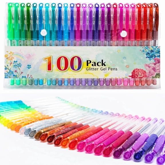 Fenmay Glitter Pens, 100 Pack Sparkle Gel Pens Vibrant Color Set for Adult Coloring, Drawing, Doodling & Crafts, Durable & Comfortable Grip