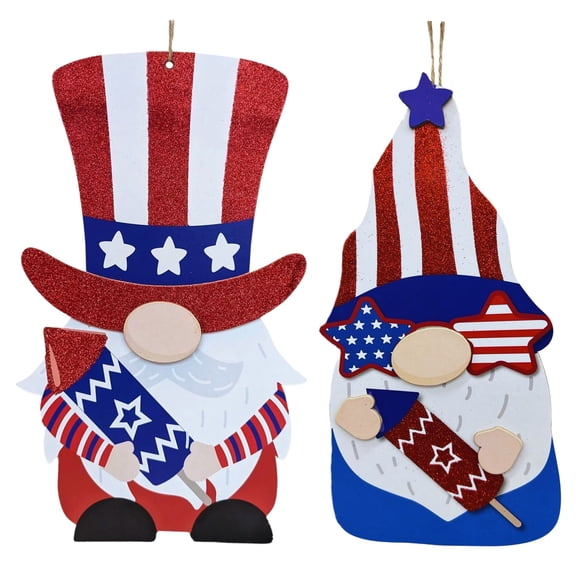 4th of July Patriotic Gnome Wall Decor 2Pk, Wooden Hanging Signs for Door Porch Display Decorations