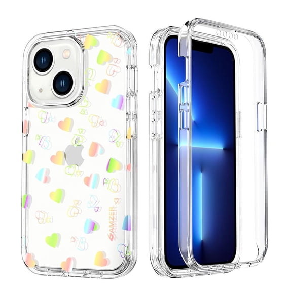 AMZER Crusta Hybrid Full Body Case for iPhone 13 with Built-in Screen Protector - Glitter Love Heart