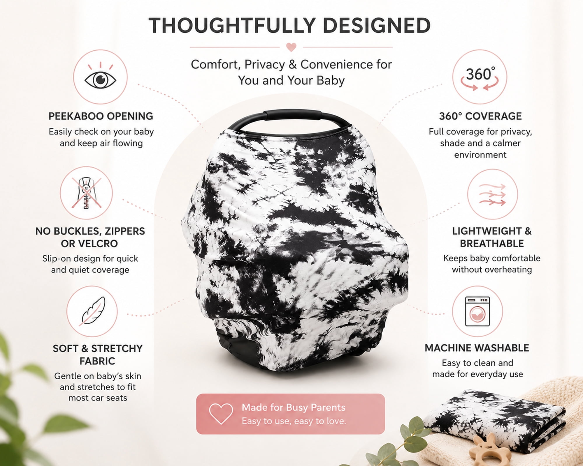 Baby Car Seat Cover & Nursing Cover, Stretchy 5-in-1 Breastfeeding Canopy with Carry Pouch, Black Tie-Dye