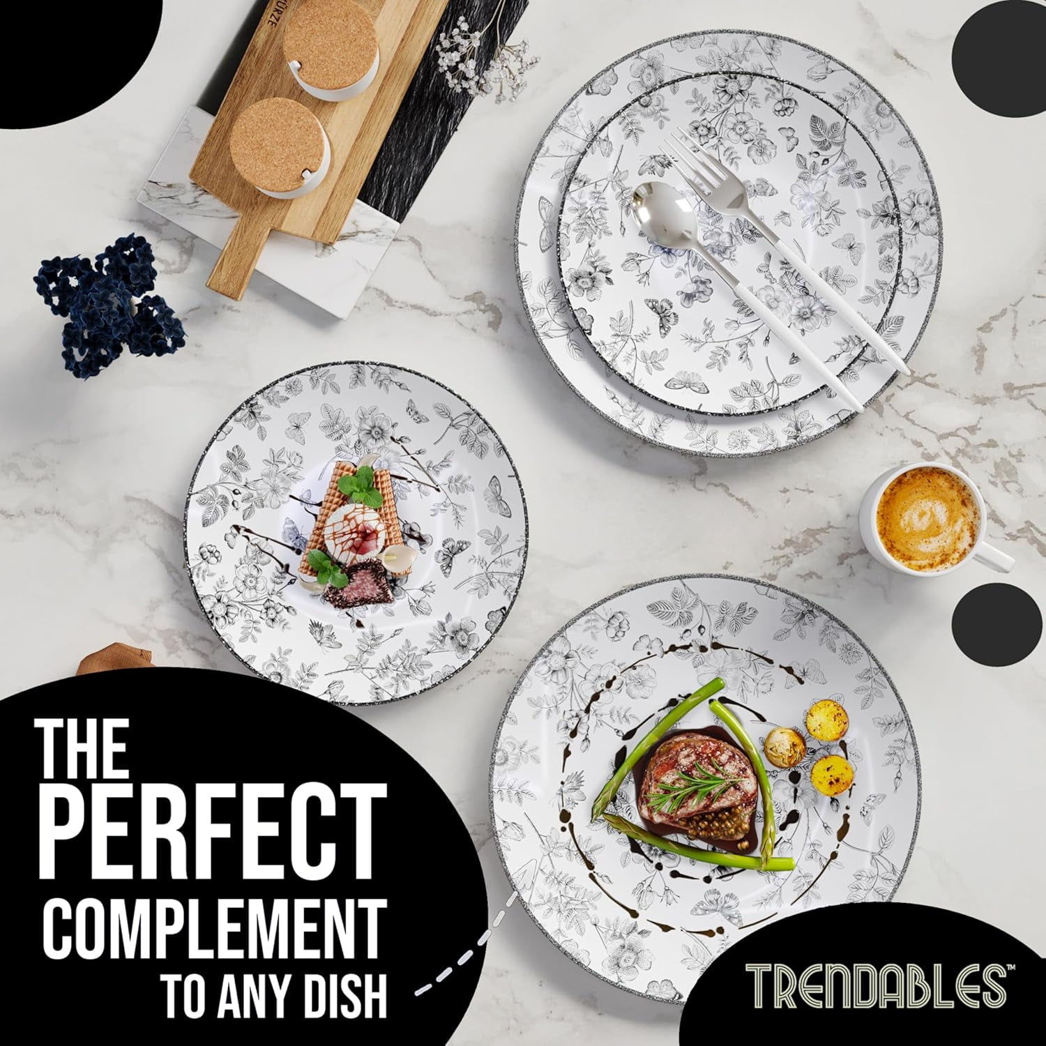 Trendables Disposable Plates For Party Supplies | Black Floral Plastic Plates For Wedding 80 Pcs - 40 X 8 & 40 X 10 Dinner Plate Sets | Floral Plate Set Disposable Plastic Dinnerware Sets