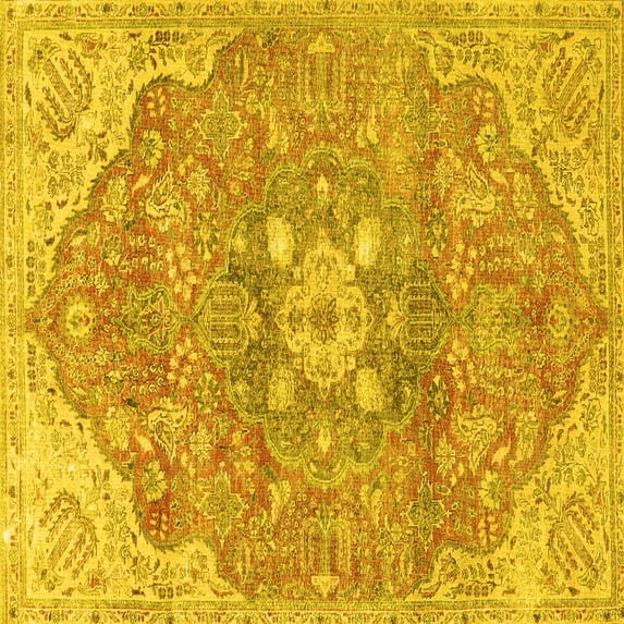 Ahgly Company Machine Washable Indoor Square Medallion Yellow Traditional Area Rugs, 3' Square