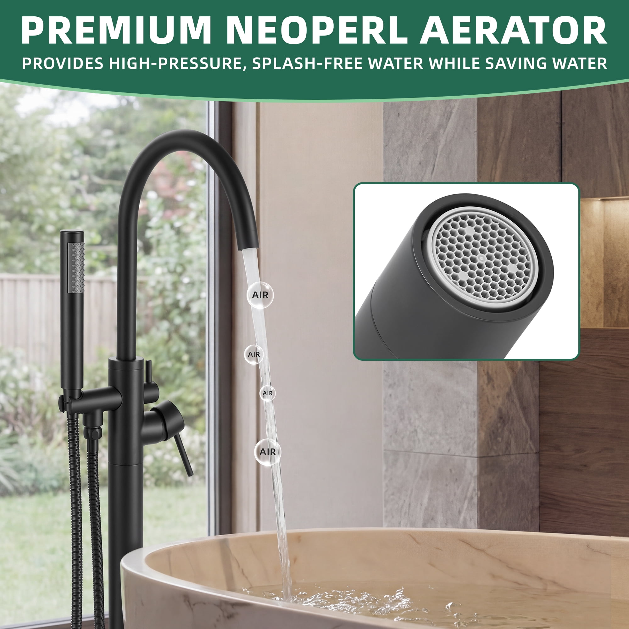 Free Standing Tub Faucet, High Flow Freestanding Bathtub Faucet with Handheld Shower & Gooseneck Spout, 360°Swivel Tub Filler, Brass Body, Matte Black