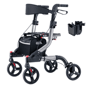 Lightweight All Terrain Rollator Walker for Elderly, Foldable Walking Aid with 17 Inch Big Seat, Height Adjustable Frame & Anti-Slip Rubber Wheels, 350 Lbs Weight Bearing Grey