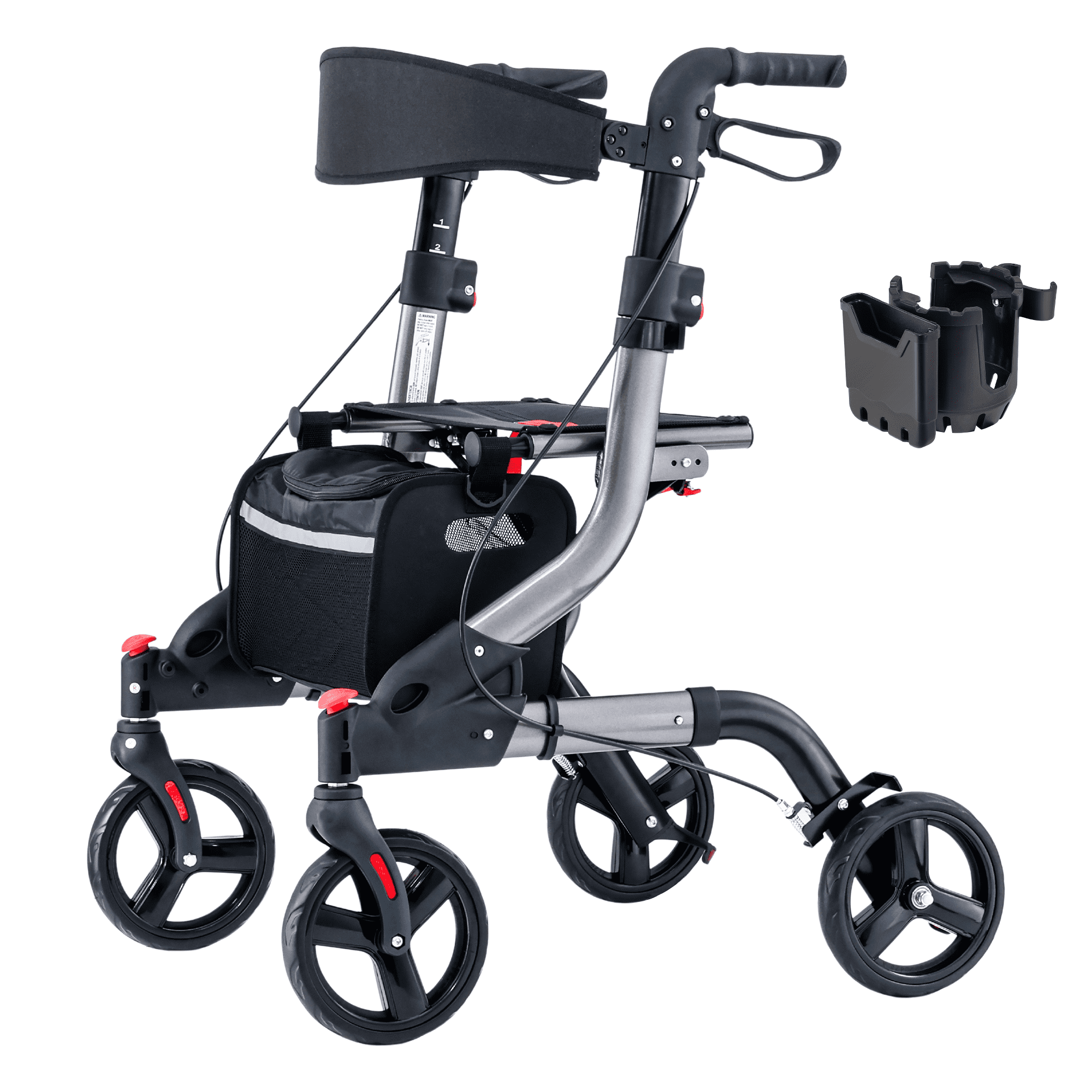 Lightweight All Terrain Rollator Walker for Elderly, Foldable Walking Aid with 17 Inch Big Seat, Height Adjustable Frame & Anti-Slip Rubber Wheels, 350 Lbs Weight Bearing Grey