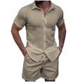 thumbnail image 2 of Sets for Men Clothing 2 Piece Solid Color Jacquard Short Sleeve Button Collar Top and Drawstring Waist Shorts, Elevated Weekend Set Beige XXL, 2 of 8