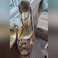 thumbnail image 2 of Gu-cci Gold and Brown Wedge Shoes, 2 of 5