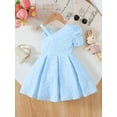 thumbnail image 5 of Mikrdoo 7 Years Big Girls' Summer Dress 4Y,5Y,6Y,7Y Blue Embossed Textured Fabric One-Shoulder Bow Decorate Puff Sleeves Casual Cute Dress, 5 of 9