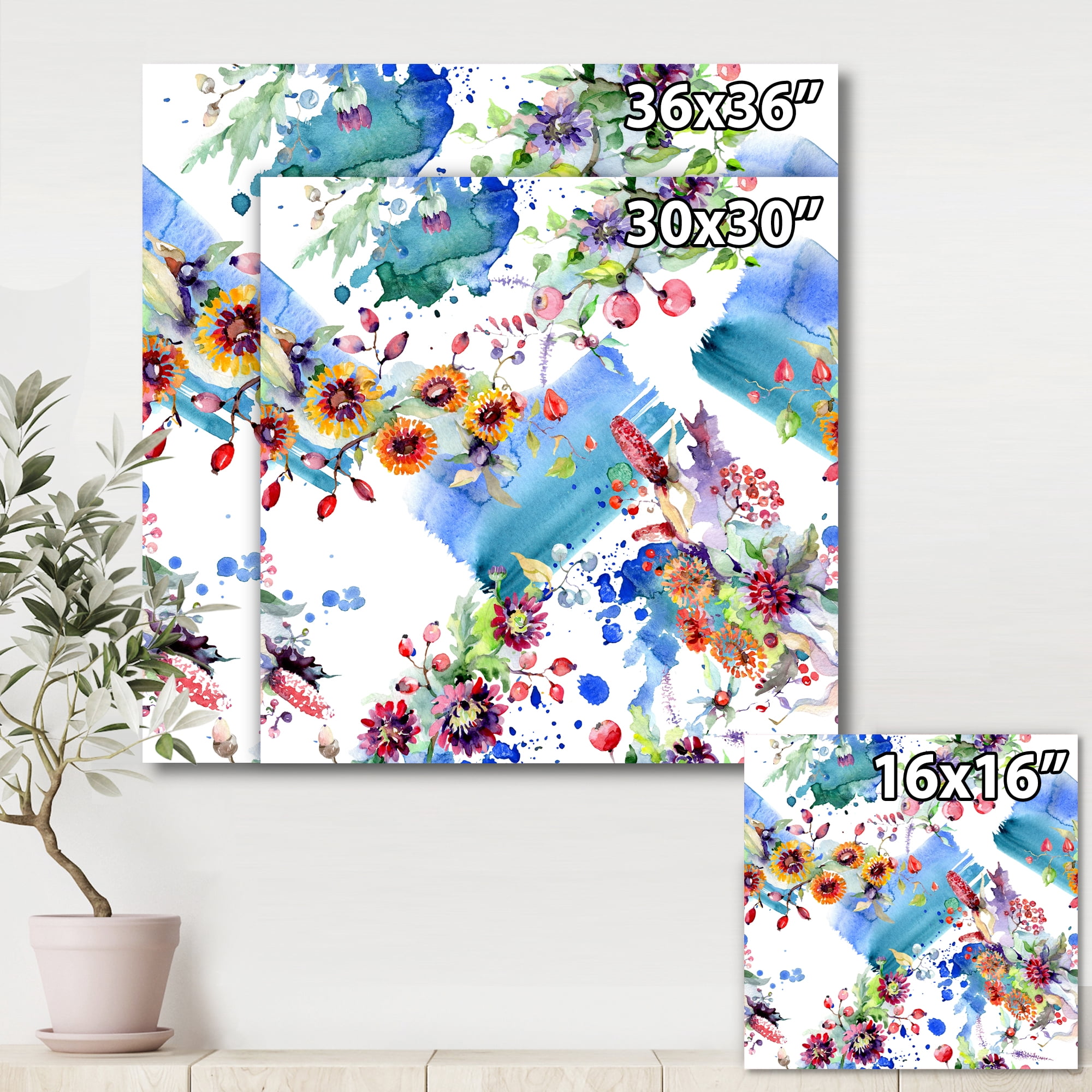 Designart ' Wildflowers and Vibrant Wild Spring Leaves IX ' Modern Canvas Wall Art Print
