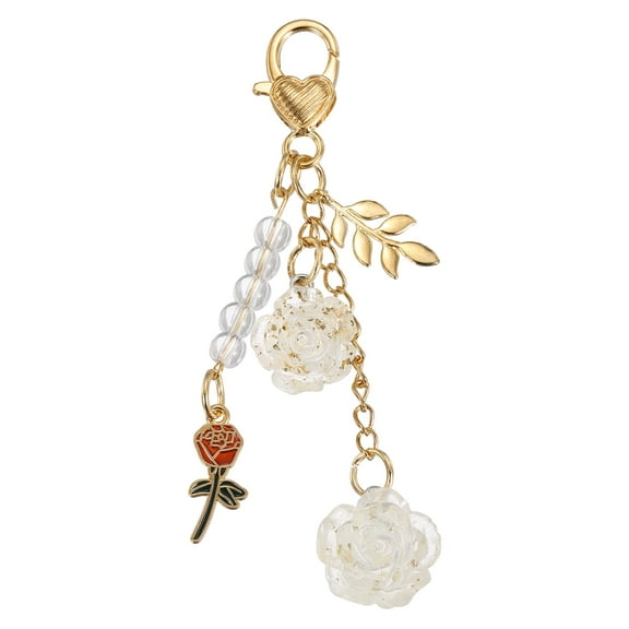 Uxcell Flower Charm Keychain, Cute Resin Gold Tone Rose Pendant Keychains Tassel Pearl Chain Keyring with Jewelry Box for Women Purse Handbag Bag Car Keys Accessories