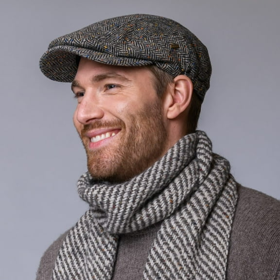 Men's Traditional Irish Wool Kerry Flat Cap, Gray Herringbone Size Medium Made By Mucros Weavers
