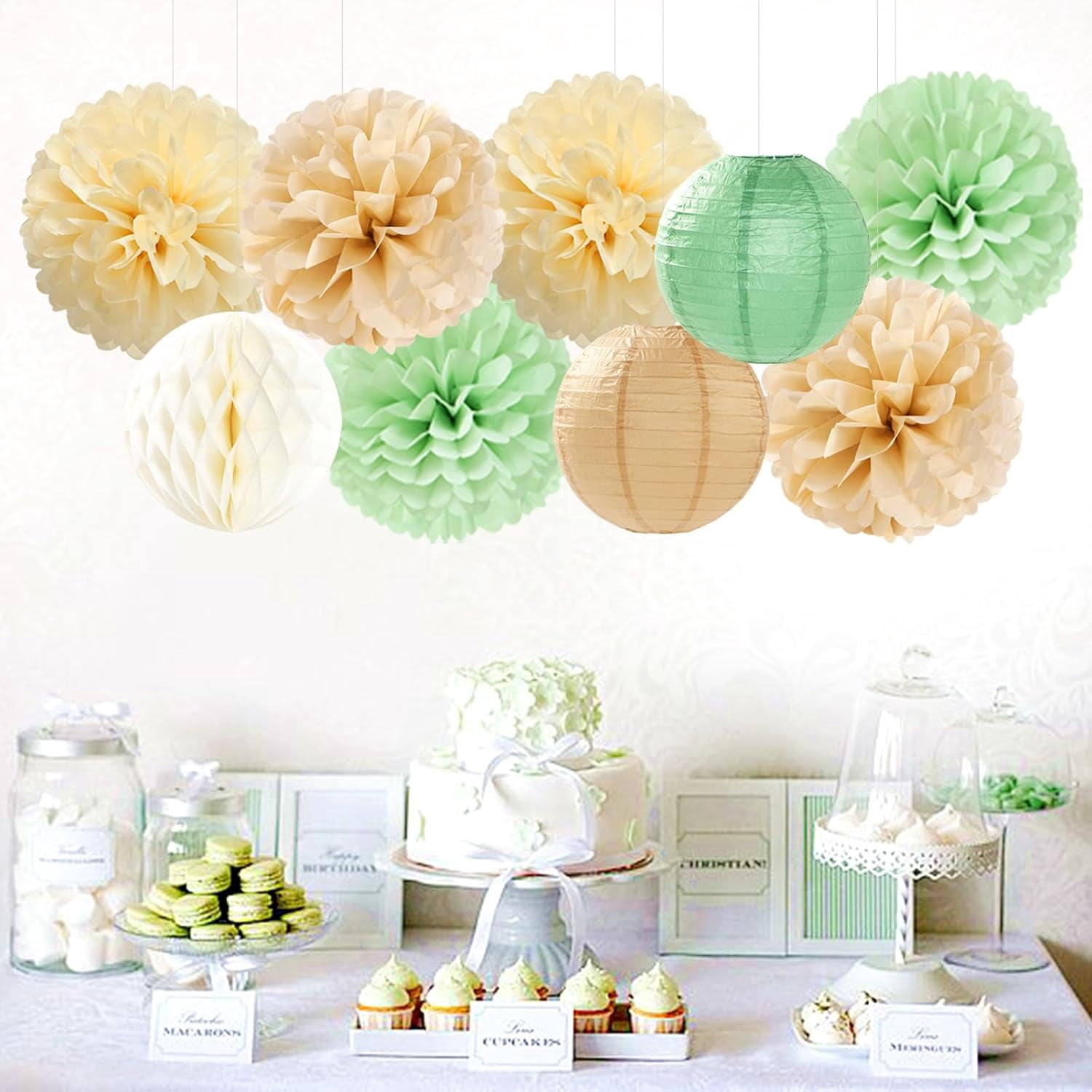 Sage Green Boho Party Decorations Paper Flowers Lanterns 15PCS Safari Rustic Neutral Baby Shower Tissue Pom Poms Streamers Champagne Gold Birthday Wedding Graduation Hanging Decor Supplies