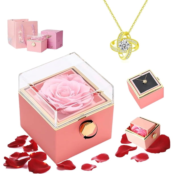 Collar Rosa Eterna, con Collar de Tiras de Möbius, Caja de Regalo Giratoria con Flores Eternas Aniversario de Bodas, Día de la Madre, San Valentín, Regalo para Mamá, Esposa, Novia, Prometida