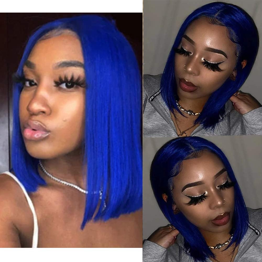 Colored Wigs Blue Bob Wigs Lace Frontal Wigs Human Hair Wigs for Women 13x4 Lace Front Wigs Brazilian Virgin Hair Short Straight Bob Wigs Cosplay