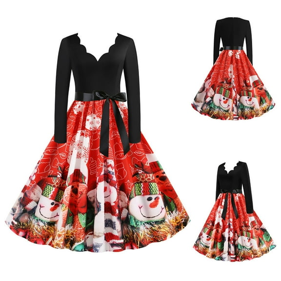 Lilgiuy Womens V-Neck Long Sleeves Christmas Party Dress Ladies Vintage Dress Red Fall Dresses for 2022 Spring Winter