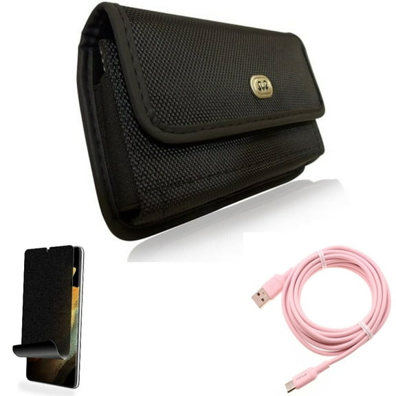 Privacy Screen Protector & Case Belt Clip & 10ft Long USB-C Cable for Samsung Galaxy S22 Plus (S22 ) - Combo TPU Film (Fingerprint Works) Anti-Peep & Rugged Holster & Pink Charger Cord Power Wire