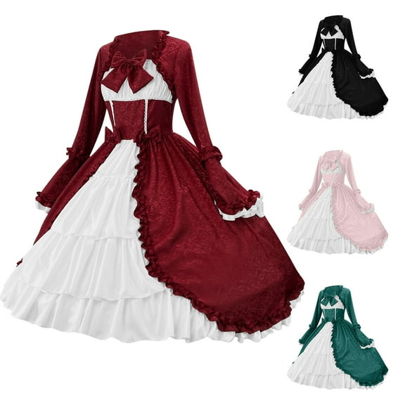 Juesizh Medieval Dress for Women Plus Size Square Neckline Long Sleeve Big Puffy Dress Vintage elegant Patchwork Bow Gothic Evening Dress, S-5XL