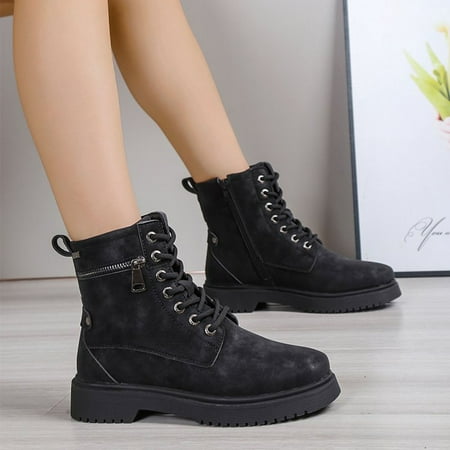 

HAOTAGS Women s Side Zipper Chunky Heel Mid Calf Boots Lace Up Vintage Womens Dressy Shoes Black Size 7.5
