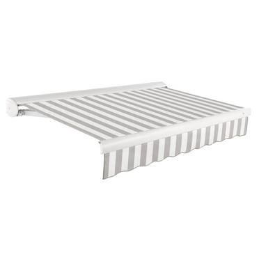 Awntech 8 Ft Key West Right Motorized Heavy Duty Patio Retractable Awning with Cassette (96in x 9.38in x 78in), Gray/White Stripe