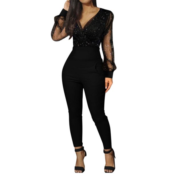 TheFound Women's Elegant Party Jumpsuit Glitter Sheer Mesh Long Sleeve ...