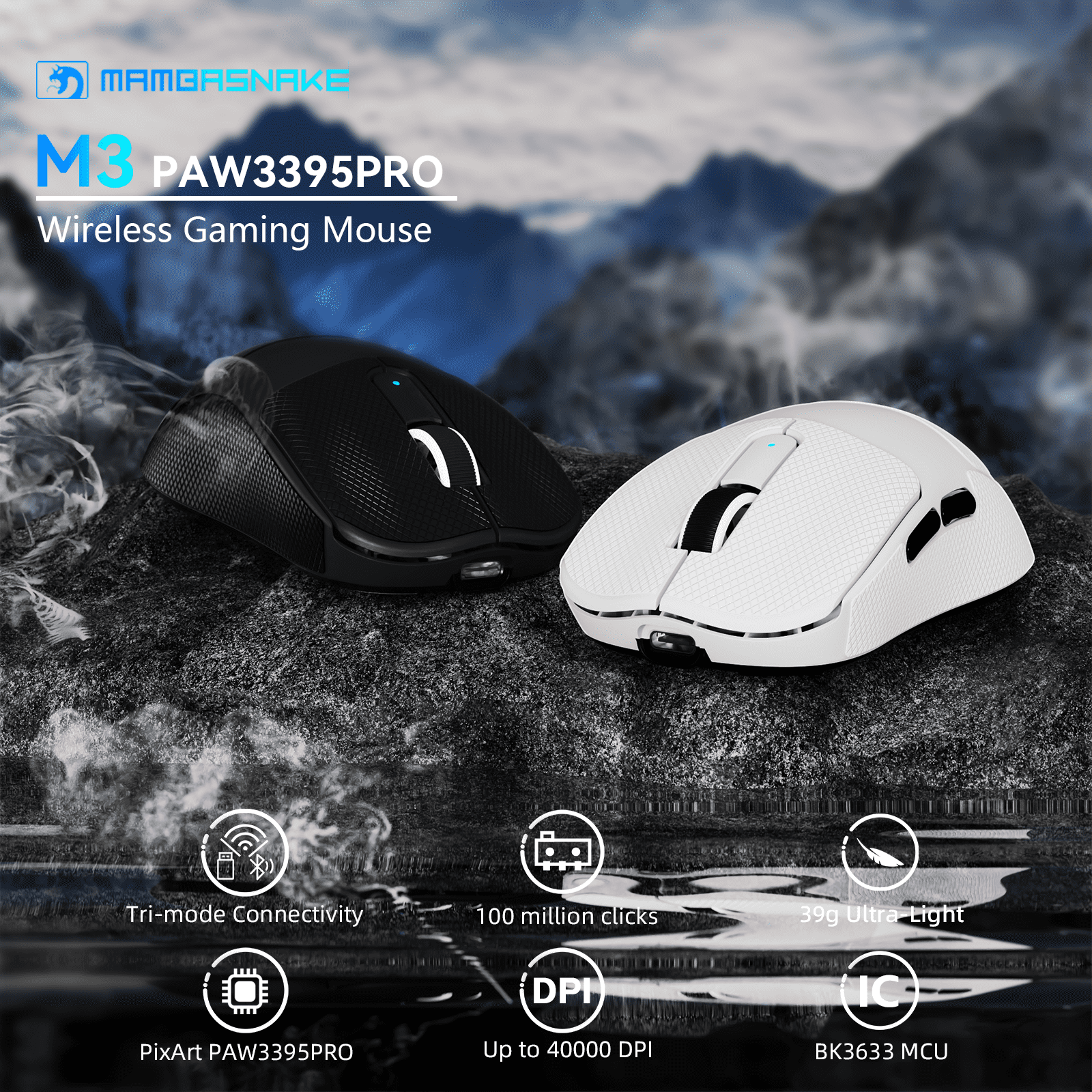 MAMBASNAKE M3 39g SUPERLIGHT Mouse, PixArt PAW3395PRO Gaming Sensor, BT/2.4G Wireless/Wired Gaming Mouse, 6 Adjustable DPI up to 40000, 200 Hrs Battery, Office Mice for PC/Win/Mac - Black&Tape