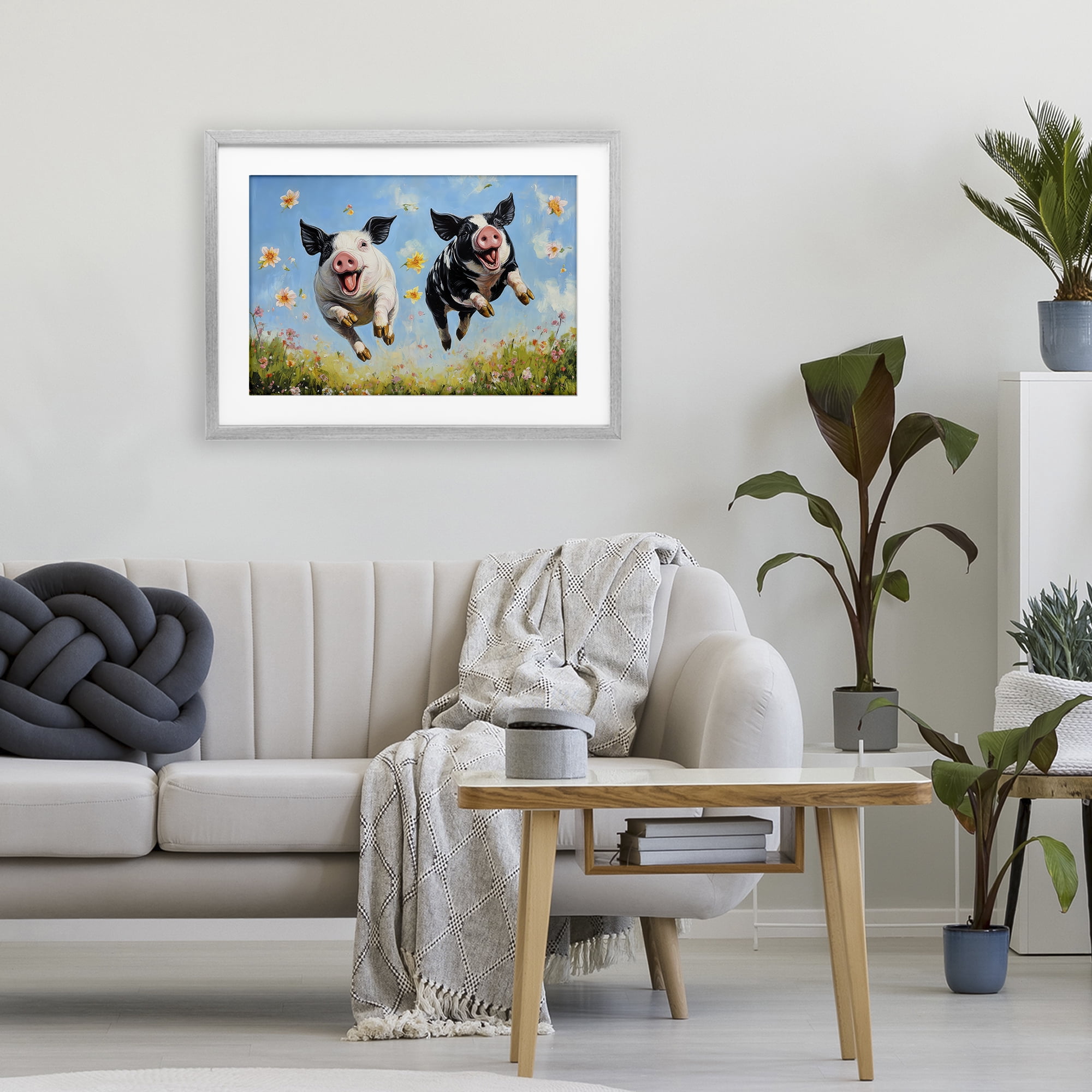 Stupell Industries Flying Pigs & Flowers Gray Framed Print Under Glass, design by The Wands Want