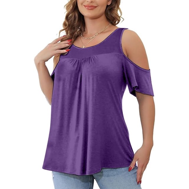 DPTALR Haut Femme Grande Taille Manches Courtes Basique Décontracté Col Rond Épaules Dénudées T-shirt Ample en Coton
