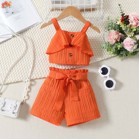 NAISIBABY Girls 2-Piece Sets, Ruffled Buttons Tank Tops Elastic Waist Loose Shorts Summer Fashion Outfits Orange 2-3T