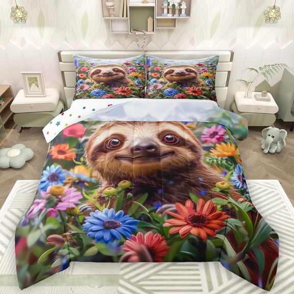 Manfei Brown Wild Sloth Queen Comforter Set,Colorful Floral Bedding Sets,Natural Scenery Bedding Comforter Set For Girls Kids,Breathable Home Decor Reversible,3-Piece