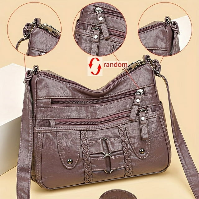 LHSHID Vintage chic rivet accent soft PU leather crossbody shoulder bag-spacious multi-zipper messenger bag with adjustable strap, perfect for women on-the-go-stylish, durable, and easy to clean