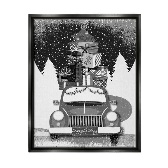 Stupell Industries Happy Holidays Gifts Car Graphic Art Jet Black Floating Framed Canvas Print Wall Art, Design by Andrea Jasid Grassi