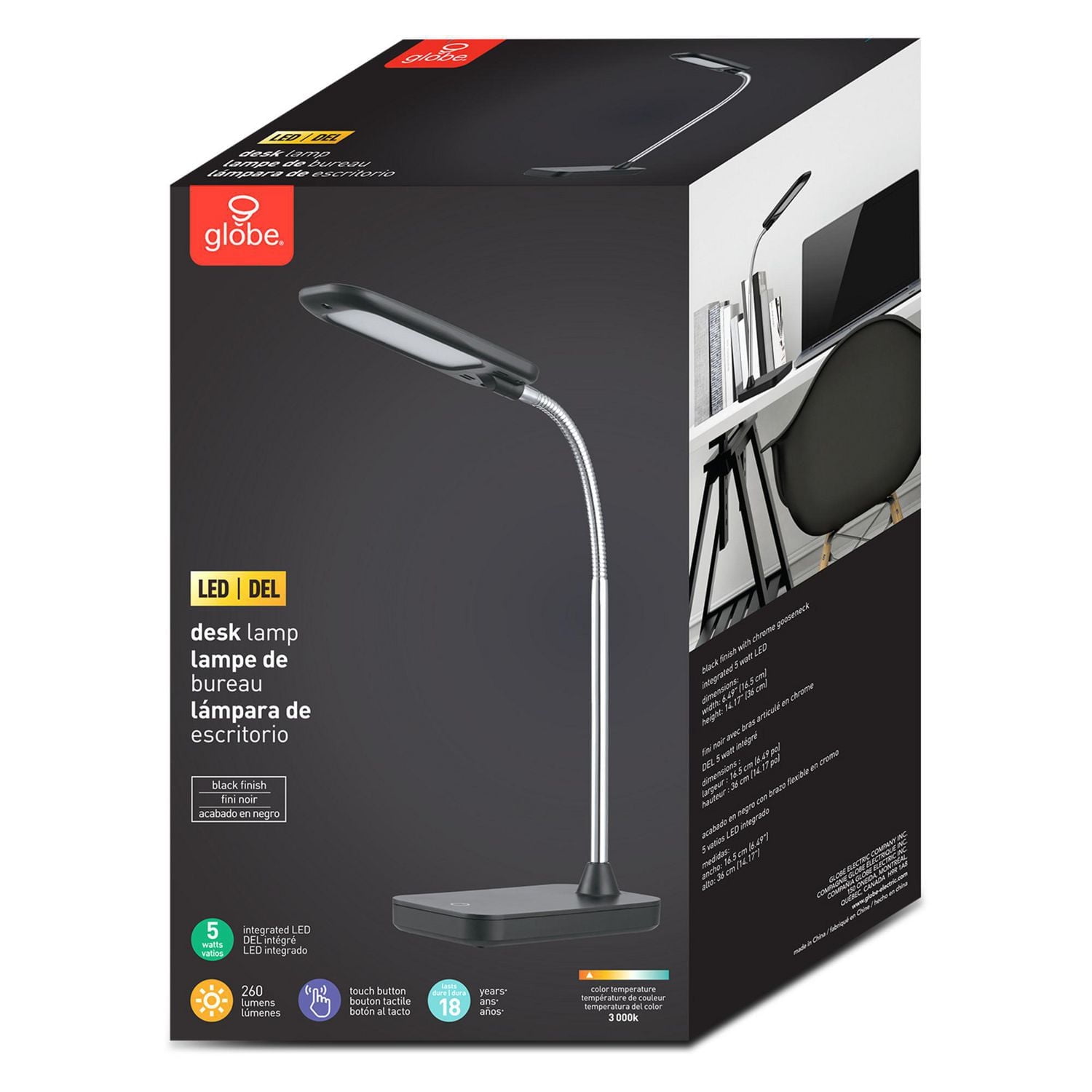 Globe Electric LED Integrated Metal Desk Lamp, Chrome Gooseneck, 5 Watts, 260 Lumens