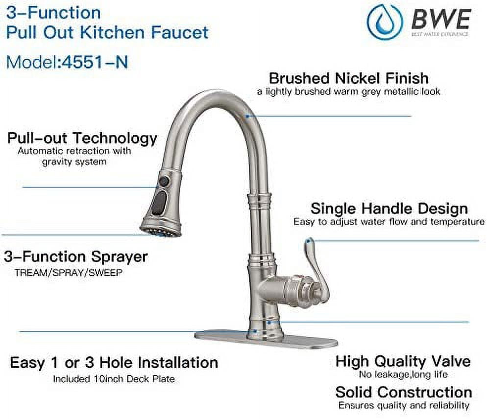 BWE Kitchen Faucet with Pull Out Sprayer 3 Spray Modes Brushed Nickel Single Handle Singe Lever High Arc Kitchen Sink Faucet with Deck Plate Commercial Bar Farmhouse Pull Down Sprayer