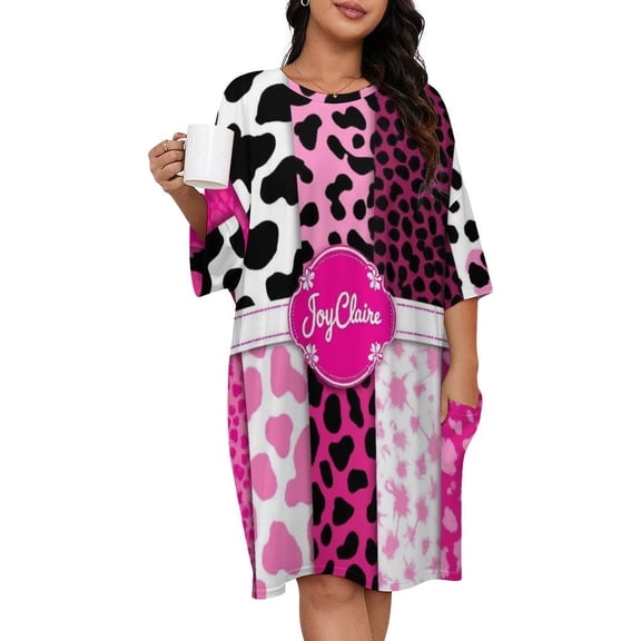 Pink Black Animal Print Papers Sleepshirts For Sleeping Travels Loose Sleepdress Pajama Dress Soft Nightdress Sleepwear