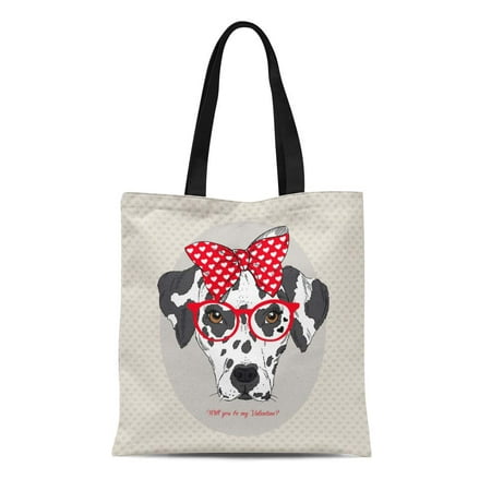 SIDONKU Canvas Tote Bag Red Portrait of Dalmatian Girl in Bow and Glasses Durable Reusable Shopping Shoulder Grocery Bag
