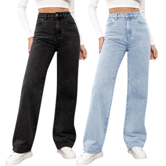 JJHGVB Wide Leg Jeans Denim Trousers Pants with Pockets Jeans for Women palazzo pants Loose Long Trousers Long Casual Pants Denim Pants Straight Denim Jeans High Waisted Denim Pants Black L