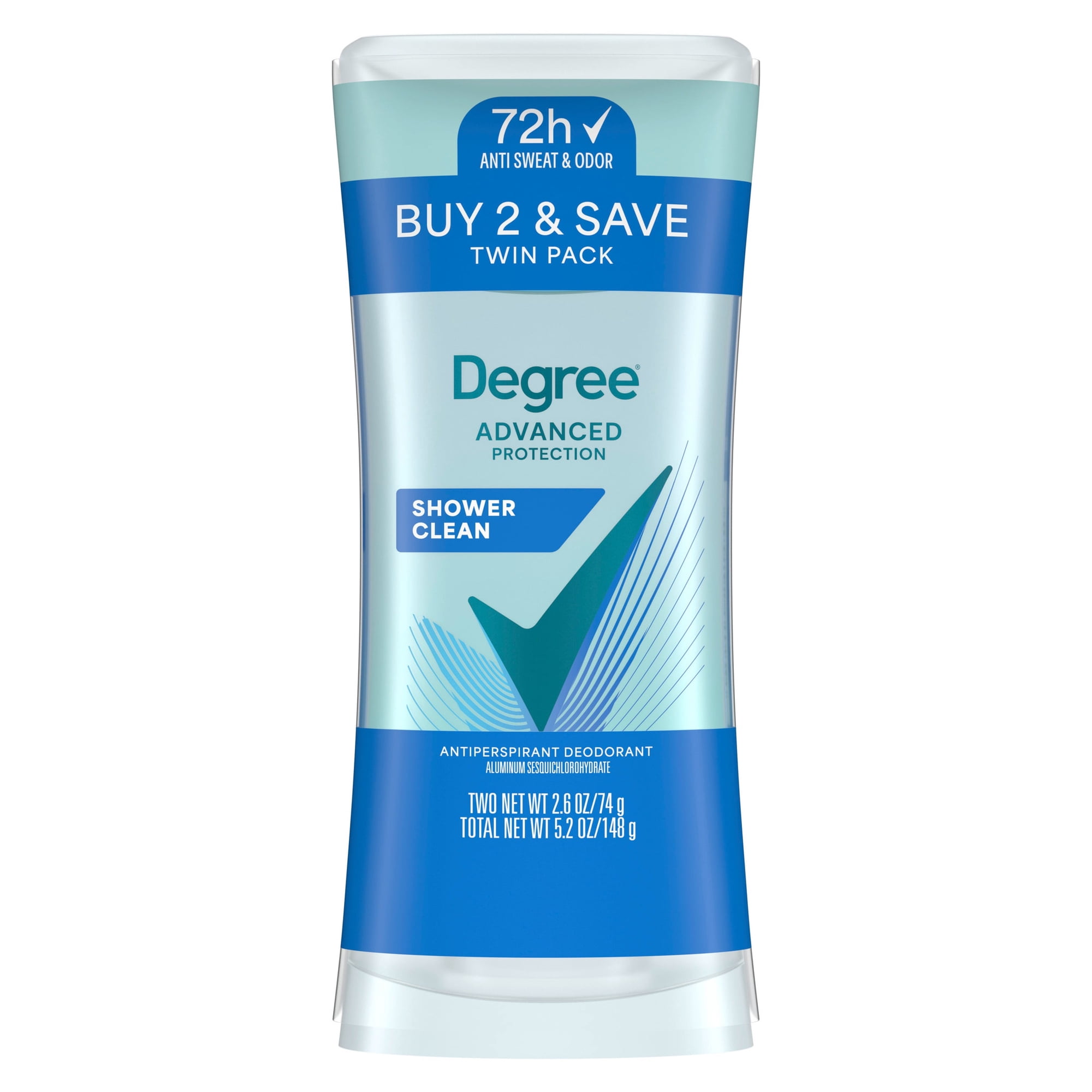 Degree Advanced Antiperspirant Deodorant Sweat & Odor Protection Shower Clean 72-Hour Anti Sweat and Odor Protection, 2.6 oz Twin Pack