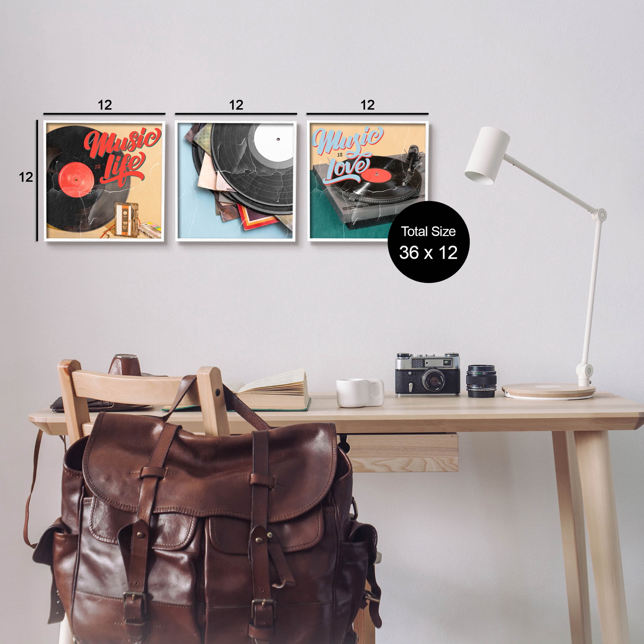 Music Is Love Life Vintage Turntable Inspirational Graphic Art White Framed Art Print Wall Art, Set of 3