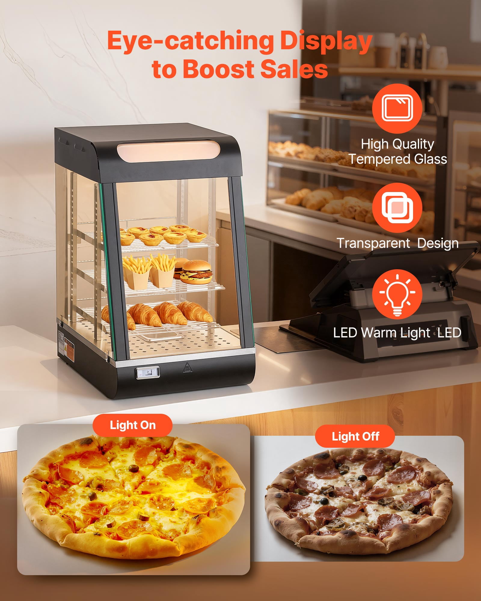VEVOR 3-Tier Commercial Food Warmer Display, 800W Food Display Warmer with LED Light, Top Storage and Adjustable Shelves, 86℉~185℉ Steam Heating, 60 Qt /57L for Hamburger, Pizza, Bread, Fried Chicken