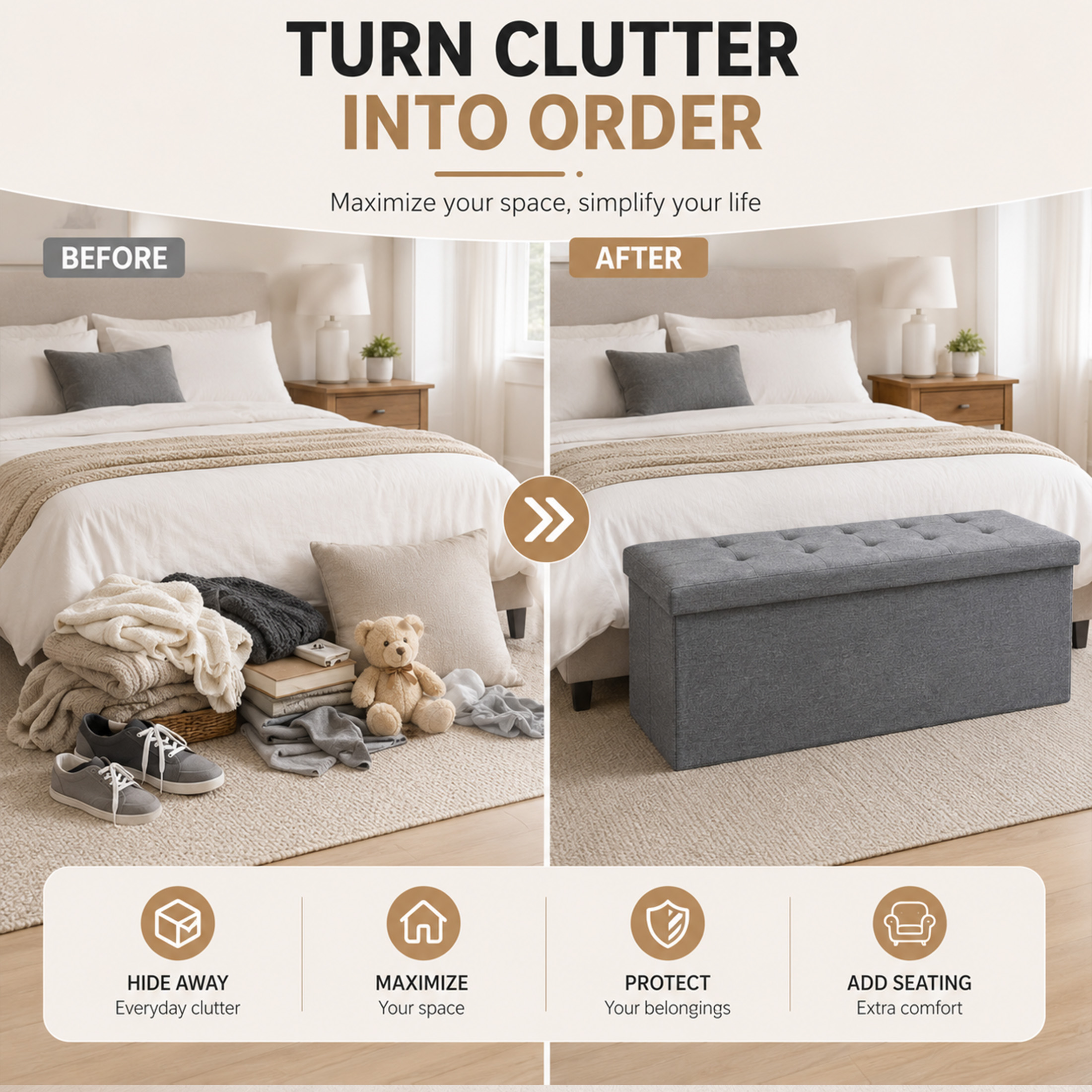 Nnovaroom 43-Inch Folding Storage Ottoman Bench, Gray photo 8
