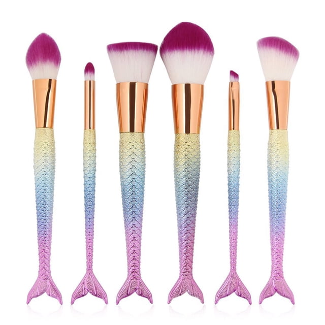Juego de brochas de maquillaje LWhao estilo sirena con estuche cosmético, 6 unidades