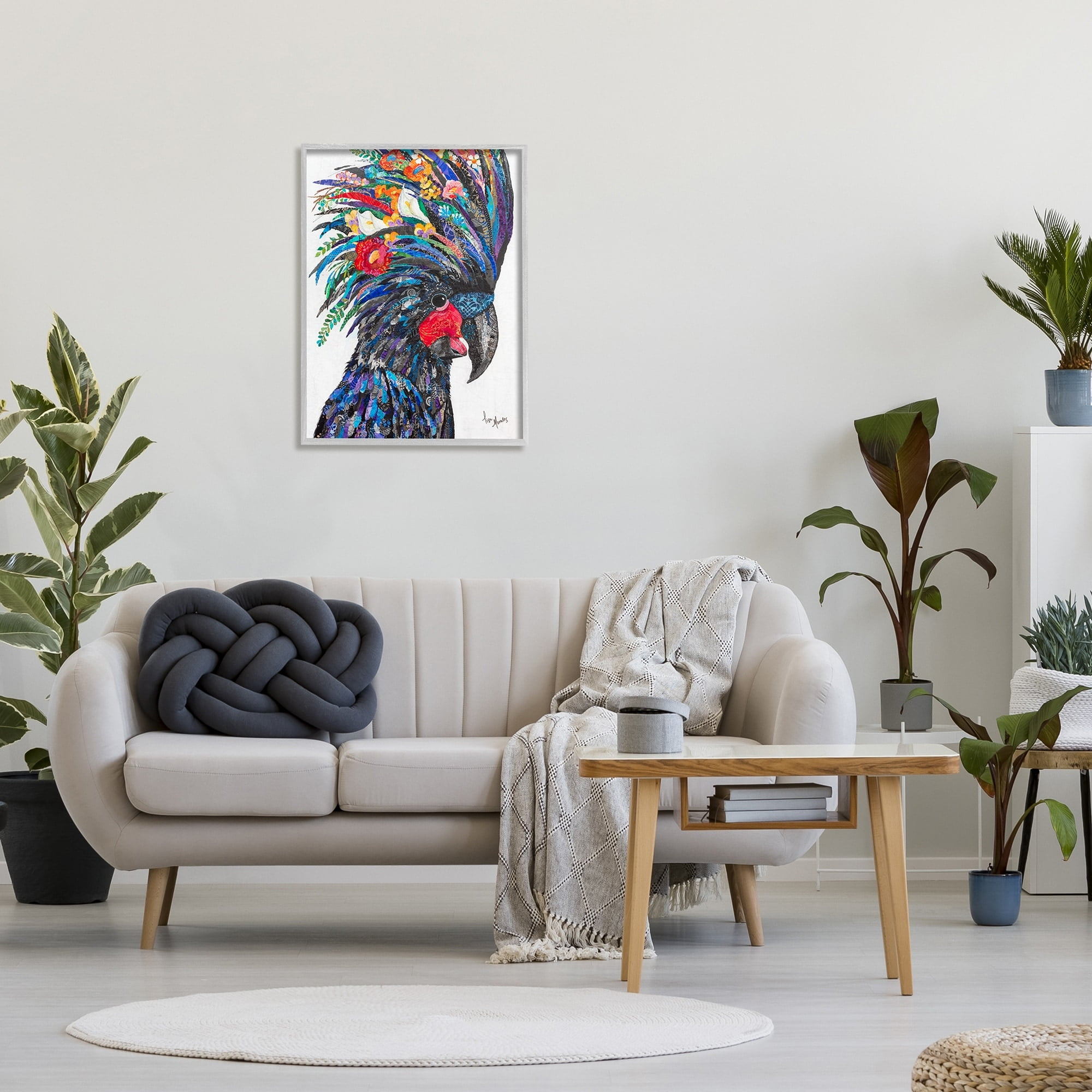 Stupell Industries Black Palm Cockatoo Bird Floral Pattern Collage Painting Gray Framed Art Print Wall Art, Design by Lisa Morales