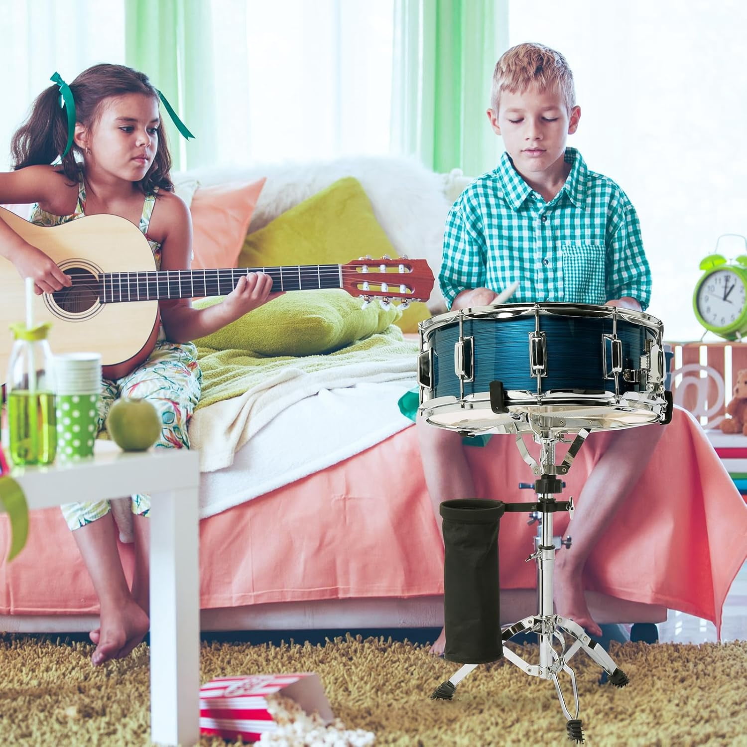 14 x 5.5 inches Snare Drum Set, Marching Snare Drum Kit for Students Beginners, Comes with Stand Sticks, Key, Bag, Mute Pad and Adjustable Straps (Blue)
