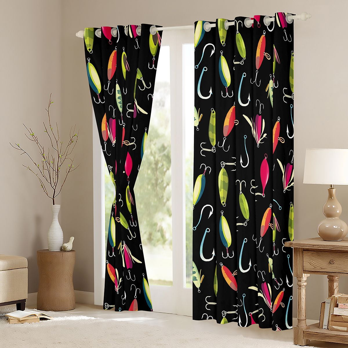Feelyou Cartoon Pike Fish Curtains Pack of 2 (42x84 Each), Rustic Fishing Hook Curtains Blackout, Teens Kids Boys Girls Bedroom Curtains, Black Out Curtains Decor
