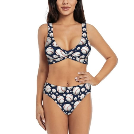 Zeuib Cute Basebal High Waisted Tummy Control Bikini Set - Knot Front Push Up Top & Cheeky Thong Bottom  Two-Piece Swimsuit for Women-XX-Large